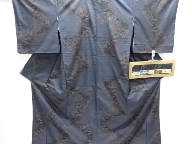 JAPANESE KIMONO / UNUSED / SILK / DORO OSHIMA TSUMUGI / WOVEN STREAM & FLOWERS & BIRDS & CART